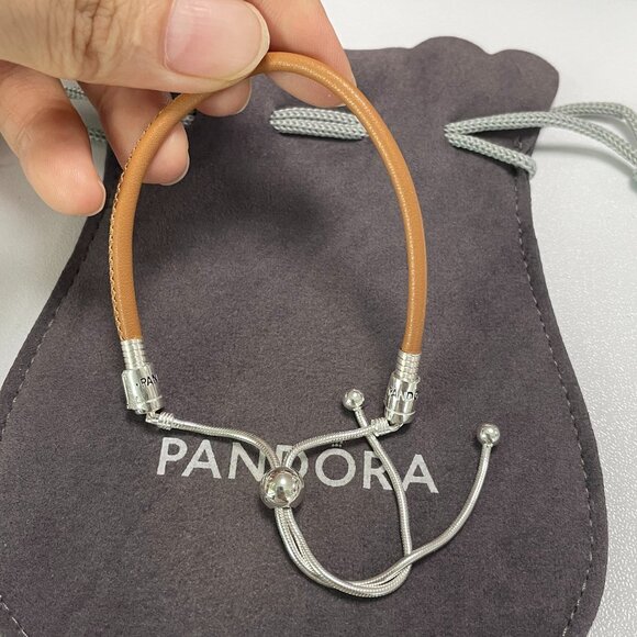 Pandora Moments Golden Tan Leather Slider Bracelet, Clear Cubic Zirconia - Picture 3 of 3